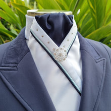 Load image into Gallery viewer, ERA SOPHIE STOCKTIE - White &amp; navy with pale blue &amp; navy piping, Swarovski crystals and brooch
