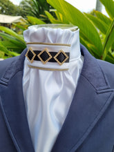 Load image into Gallery viewer, ERA EURO REGAL STOCK TIE - White satin, gold piping, black trim and gold crystal diamonds
