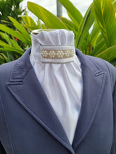 Load image into Gallery viewer, ERA EURO REGAL STOCK TIE - White satin, silver piping, flower pearl trim
