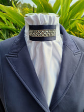 Load image into Gallery viewer, ERA EURO REGAL STOCK TIE - White satin, navy with crystal and pearl trim
