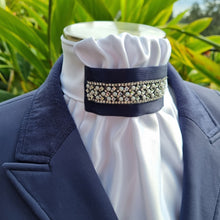 Load image into Gallery viewer, ERA EURO REGAL STOCK TIE - White satin, navy with crystal and pearl trim
