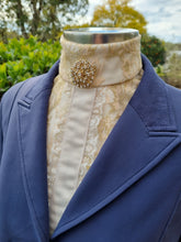 Load image into Gallery viewer, ERA Bib Front – Clearance/Discontinued - Gold lace with ribbon &amp; lace trim and gold brooch
