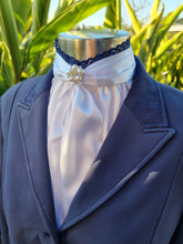 Load image into Gallery viewer, EURO BELLE STOCK TIE - White lustre satin with navy lace trim &amp; pearl brooch
