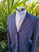 Load image into Gallery viewer, EURO BELLE STOCK TIE - White lustre satin with navy lace trim &amp; pearl brooch
