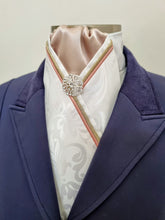 Load image into Gallery viewer, ERA AMELIA STOCK TIE - White printed satin with blush, gold &amp; blush piping &amp; brooch
