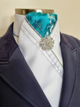 Load image into Gallery viewer, ERA FIONA STOCK TIE - White satin, aqua brocade, silver piping, white trim and brooch
