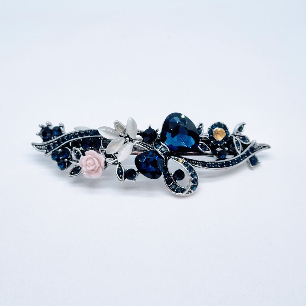 Crystal Hair Barrette - Navy crystals & pink flower