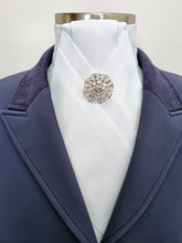 Load image into Gallery viewer, ERA ALEX Stock Tie - White satin with pleated centre &amp; crystal brooch
