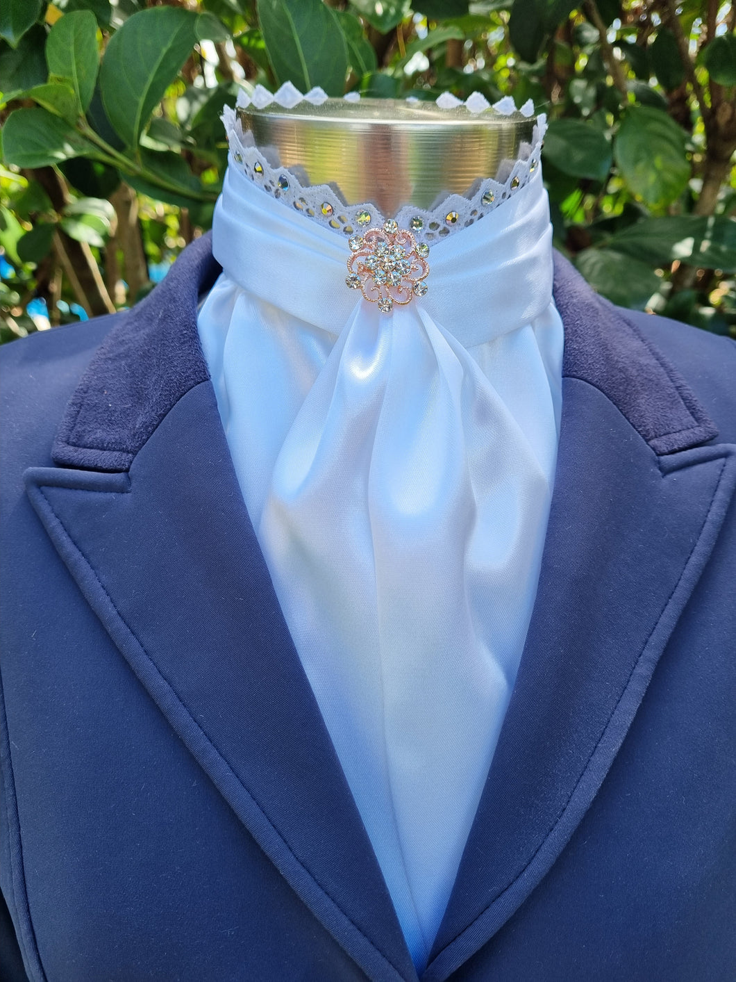 ERA EURO BELLE with PEARLS & CRYSTALS Stock Tie - White lustre satin with, lace frill, rose gold & clear crystals and rose gold brooch