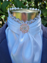 Load image into Gallery viewer, ERA EURO BELLE with PEARLS &amp; CRYSTALS Stock Tie - White lustre satin with, lace frill, rose gold &amp; clear crystals and rose gold brooch

