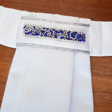 Load image into Gallery viewer, ERA EURO KARA STOCK TIE - White satin, silver piping with crystal trim - 5 colours - crystal/pearl, mint, black, blue, gold
