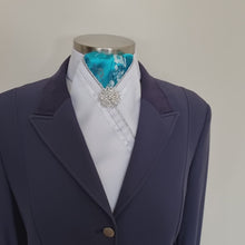 Load and play video in Gallery viewer, ERA FIONA STOCK TIE - White satin, aqua brocade, silver piping, white trim and brooch
