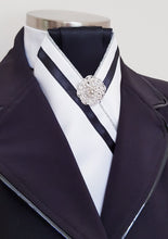 Load image into Gallery viewer, ERA ALEX STOCK TIE - White satin, black pleated, silver piping, black trim and brooch
