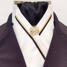 Load image into Gallery viewer, ERA AMANDA STOCK TIE - Cream satin and black, with gold &amp; black piping and brooch
