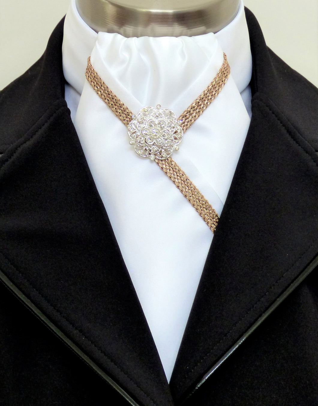 ERA ANNA STOCK TIE - White satin with rose gold trim & brooch