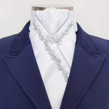 Load image into Gallery viewer, ERA ANNA STOCK TIE - White satin, silver piping, wave trim &amp; brooch
