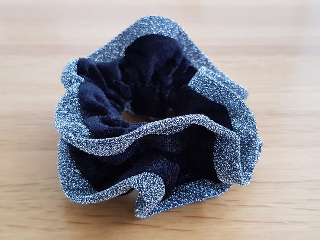 Deluxe Hair Scrunchie - Black double layer with silver sparkle trim on edge – Free Postage in Australia