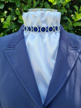 Load image into Gallery viewer, ERA EURO GRACE Stock Tie - White lustre satin with navy trim &amp; crystal rings
