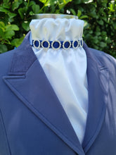 Load image into Gallery viewer, ERA EURO GRACE Stock Tie - White lustre satin with navy trim &amp; crystal rings
