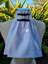 Load image into Gallery viewer, ERA EURO AMORE&#39; STOCK TIE – White satin, navy centre with white &amp; silver ribbon trim &amp; silver crystal ring
