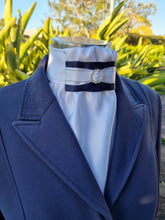 Load image into Gallery viewer, ERA EURO AMORE&#39; STOCK TIE – White satin, navy centre with white &amp; silver ribbon trim &amp; silver crystal ring
