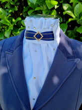 Load image into Gallery viewer, ERA EURO AMORE&#39; STOCK TIE – White satin, navy &amp; gold trim with gold crystal diamond and scattered crystals
