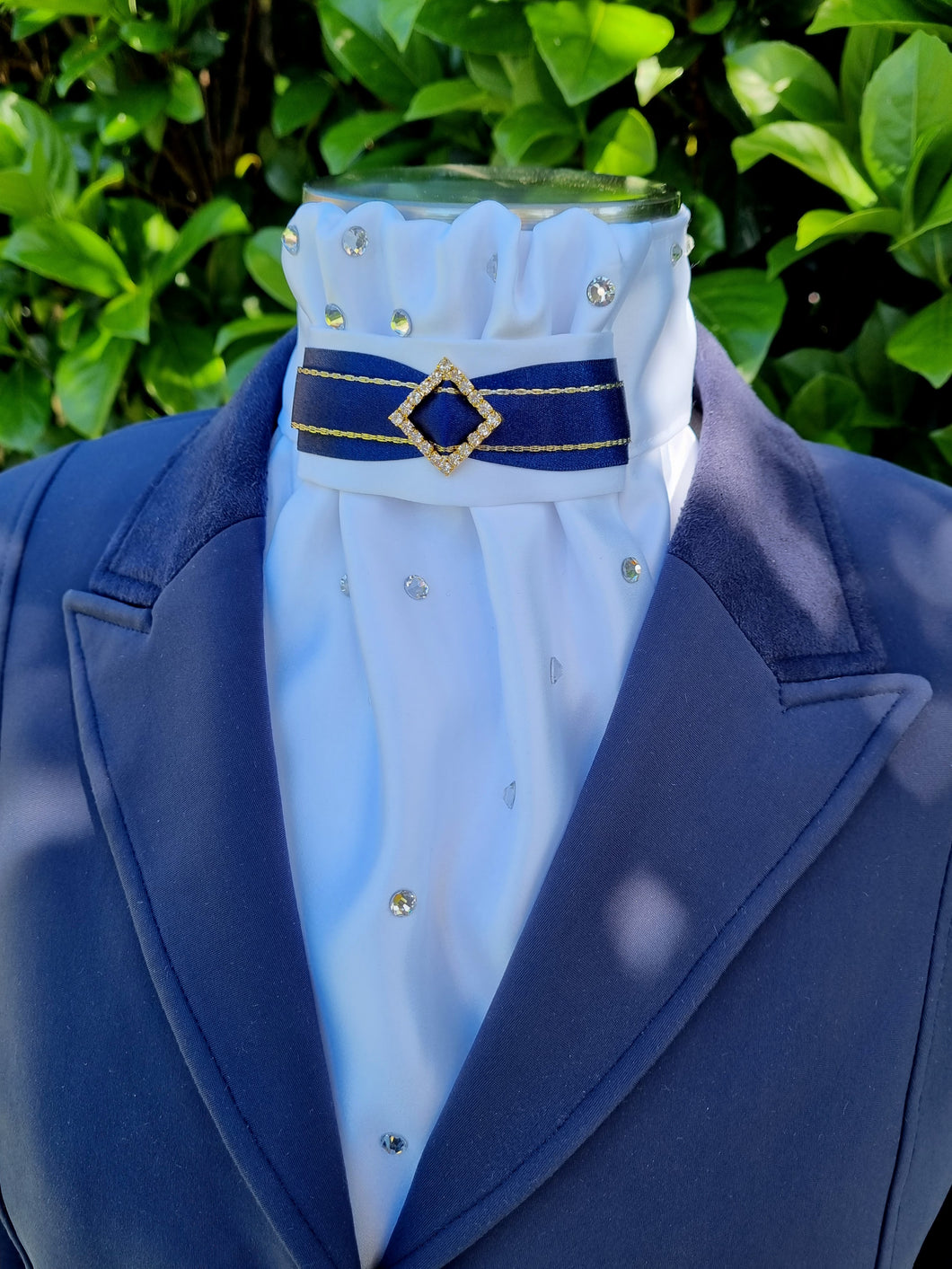 ERA EURO AMORE' STOCK TIE – White satin, navy & gold trim with gold crystal diamond and scattered crystals