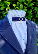 Load image into Gallery viewer, ERA EURO AMORE&#39; STOCK TIE – White satin, navy &amp; gold trim with gold crystal diamond and scattered crystals
