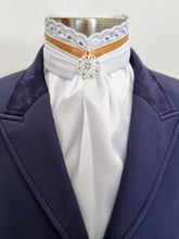 Load image into Gallery viewer, ERA EURO BELLE Stock Tie - White lustre satin with Gold trim, lace frill and brooch
