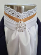 Load image into Gallery viewer, ERA EURO BELLE Stock Tie - White lustre satin with Gold trim, lace frill and brooch

