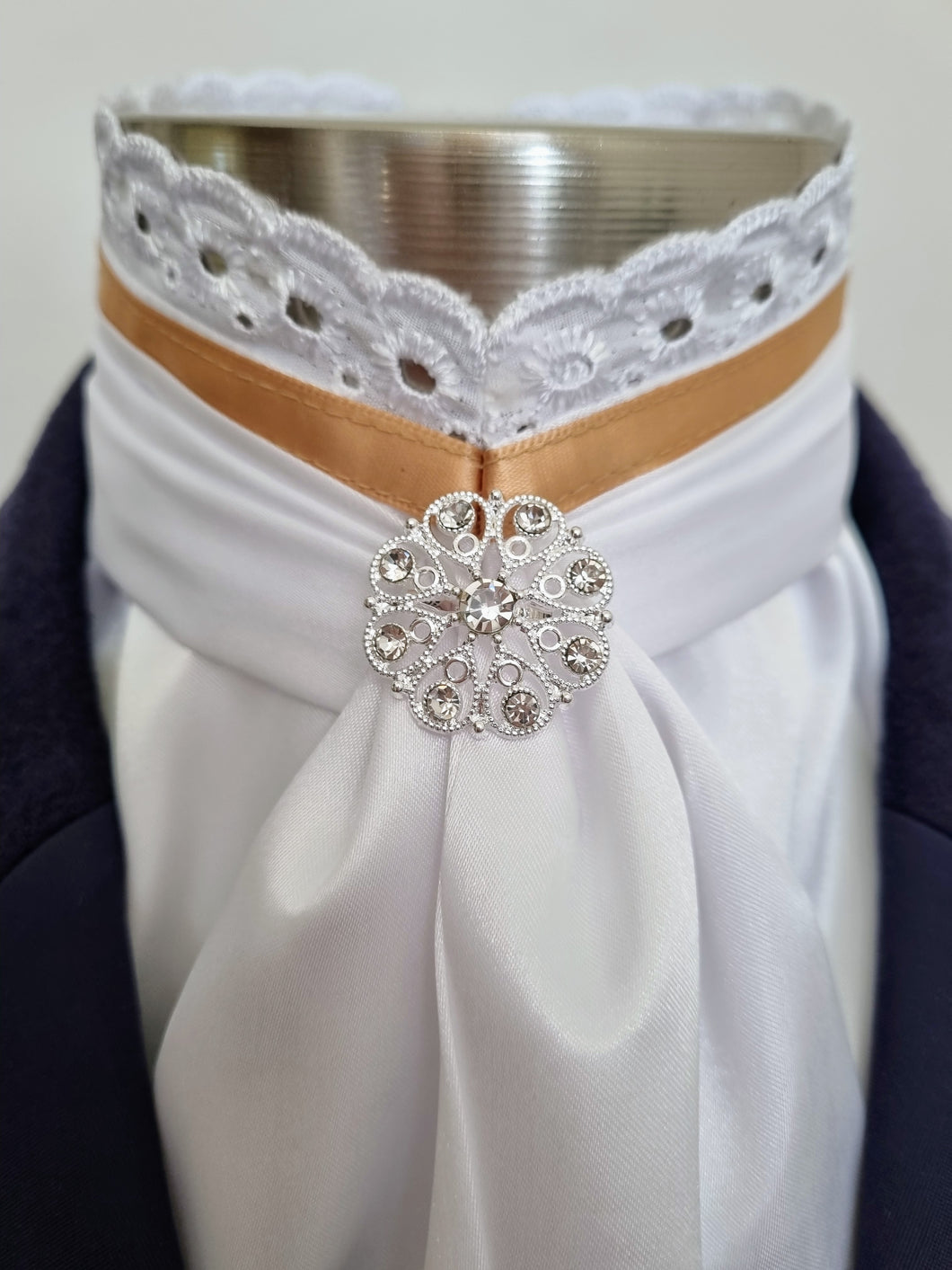 ERA EURO BELLE Stock Tie - White lustre satin with Gold trim, lace frill and brooch