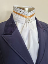 Load image into Gallery viewer, ERA EURO BELLE Stock Tie - White lustre satin with Gold trim, lace frill and brooch
