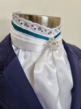 Load image into Gallery viewer, ERA EURO BELLE with CRYSTALS Stock Tie - White lustre satin with Teal trim, lace frill, crystal trim and brooch
