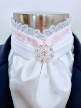 Load image into Gallery viewer, EURO BELLE STOCK TIE - White lustre satin with pink ribbon &amp; lace trim, silver brooch
