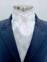 Load image into Gallery viewer, EURO BELLE STOCK TIE - White lustre satin with pink ribbon &amp; lace trim, silver brooch
