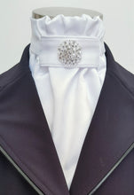 Load image into Gallery viewer, ERA EURO CHARLOTTE STOCK TIE - White satin, white piping and silver brooch
