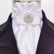 Load image into Gallery viewer, ERA EURO CHARLOTTE STOCK TIE - White satin, pale pink piping and silver brooch
