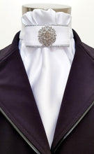 Load image into Gallery viewer, ERA EURO CHARLOTTE STOCK TIE - White satin, silver piping and silver brooch
