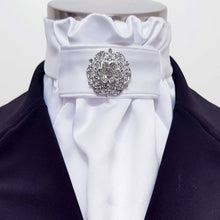 Load image into Gallery viewer, ERA EURO CHARLOTTE STOCK TIE - White satin, white piping and silver brooch
