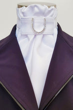 Load image into Gallery viewer, ERA EURO CHARLOTTE STOCK TIE - White satin, white piping and brooch
