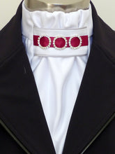 Load image into Gallery viewer, ERA EURO REGAL STOCK TIE - White satin, silver satin piping, burgundy trim and crystal rings
