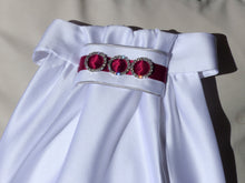 Load image into Gallery viewer, ERA EURO REGAL STOCK TIE - White satin, silver satin piping, burgundy trim and crystal rings
