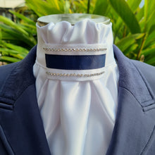 Load image into Gallery viewer, ERA EURO REGAL STOCK TIE - White satin with navy grosgrain trim &amp; 2 rows crystals
