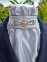 Load image into Gallery viewer, ERA EURO REGAL ISABEL STOCK TIE - White satin, silver piping, pearl crystal embellishment
