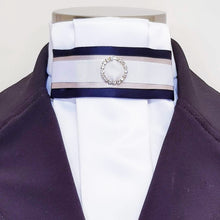 Load image into Gallery viewer, ERA EURO RIVIERA STOCK TIE - White pleated satin with navy, silver and white trim and crystal ring
