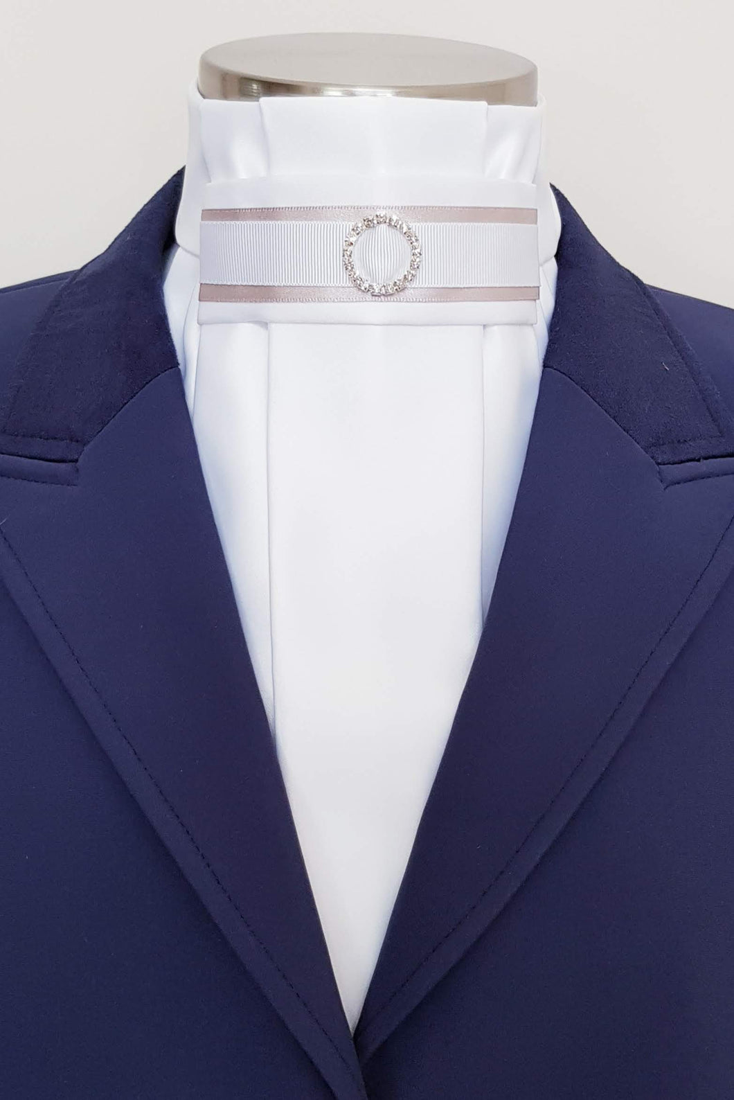 ERA EURO RIVIERA STOCK TIE - White pleated satin, champagne and white trim and crystal ring