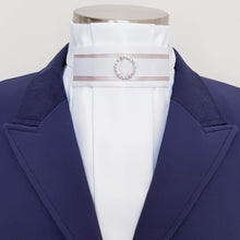Load image into Gallery viewer, ERA EURO RIVIERA STOCK TIE - White pleated satin, champagne and white trim and crystal ring

