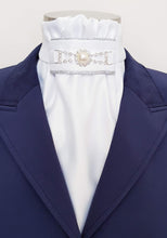 Load image into Gallery viewer, ERA EURO REGAL ISABEL STOCK TIE - White satin, silver piping, pearl crystal embellishment
