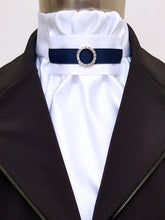 Load image into Gallery viewer, ERA EURO REGAL STOCK TIE - White satin, blue trim and crystal ring
