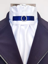 Load image into Gallery viewer, ERA EURO REGAL STOCK TIE - White satin, blue trim and crystal ring
